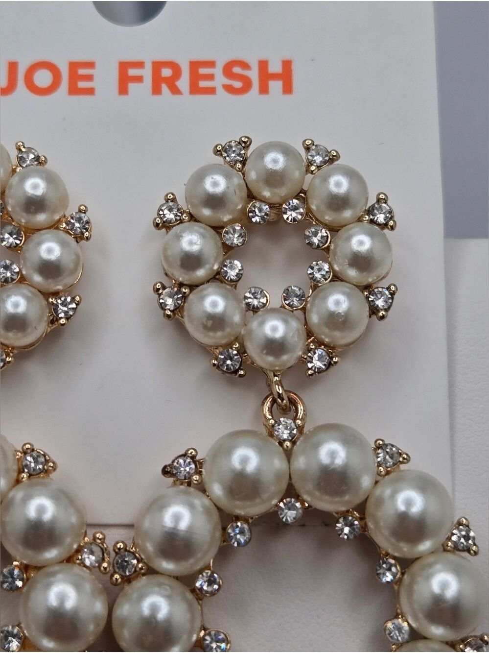 ✨2/$10✨ Double Circle Pearl Rhinestone Earrings Gold Tone 2.75" Bride Joe Fresh - Picture 6 of 7